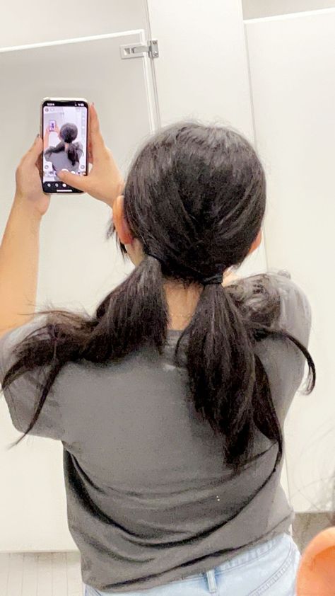 Criss Cross Pigtails, Mini Pigtails, Mirror Selfie Aesthetic, Girl With Pigtails, Hairstyles Pigtails, Selfie Aesthetic, Pigtail Braids, Pigtail Hairstyles, Fluffy Hair