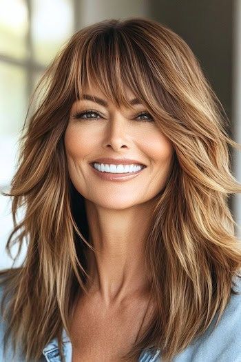 Save this pin for the best low-maintenance haircuts for thick hair. Textured layers with bangs are the perfect pairing for thick hair. The choppy layers add a whimsical touch, giving you a fun, relaxed look that’s easy to style. Layers With Bangs, Long Choppy Layers, Cuts For Thick Hair, Thick Highlights, Choppy Layered Haircuts, Low Maintenance Short Haircut, Layered Thick Hair, Haircuts For Thick Hair, Layered Hair With Bangs