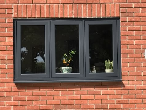 Dark Grey Window Frames, Red Brick Black Windows, Brick Black Windows, Grey Window Frames, Window Frame Colours, Office Exterior, Modern Brick House, Modern Window Design, Windows Design