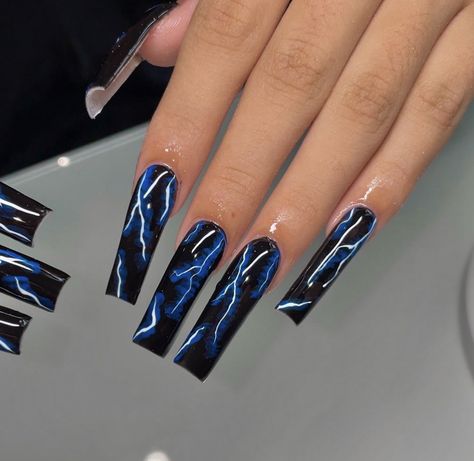 Red Black And Blue Nails, Dark Blue And Black Nails, Blue Coffin Nail Ideas, Blue And Black Nails Designs, Lighting Nails, Blue And Black Nails, Black And Blue Nails, Ballerina Acrylic Nails, Concert Nails