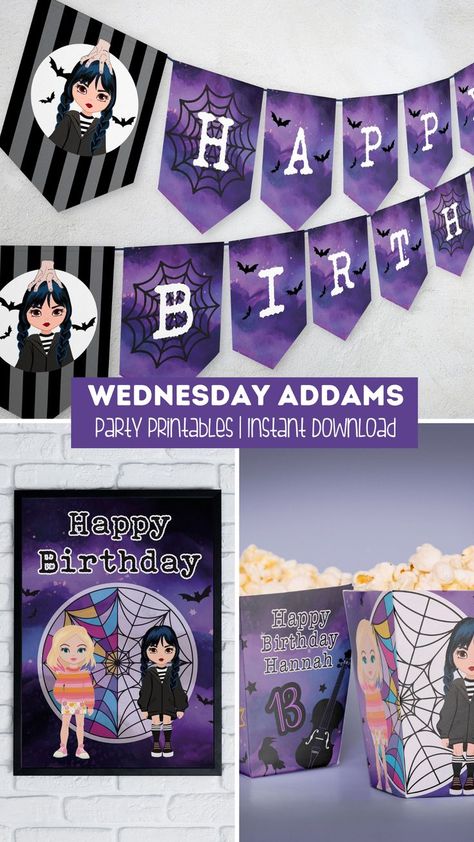 Digital Files | Instant Download | Sold separately or in Bundle

Are you ready to celebrate with Wednesday Addams? This Wednesday Printables are perfect for the birthday celebration inspired by the mysterious and spookily character!
Your little one and guests will feel like they've stepped right into the Wednesday show and the Nevermore Academy! Thing Addams Family, Nevermore Academy Wednesday, Wednesday Birthday Party, Wednesday Show, Thing Addams, Wednesday Birthday, Wednesday Party, Nevermore Academy, Bottle Labels Printable