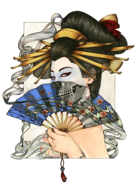 Geisha Girl holding a fan art Geisha Drawing, Japanese Drawing, Art Geisha, Geisha Tattoo Design, Oni Tattoo, Geisha Tattoo, Geisha Art, Art Kawaii, Japan Tattoo