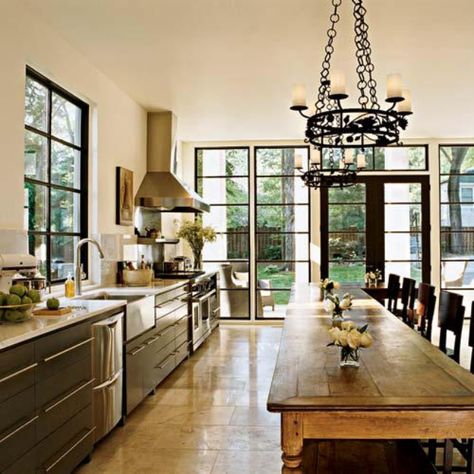 Great mix of the old table as an island bench with the new cabinets. No overhead cupboards just opens the entire area out beautifully. Kitchen Without Island, Lots Of Windows, Large Kitchen, Style At Home, Beautiful Kitchens, Modern Industrial, Home Fashion, Interior Design Kitchen, Dream Kitchen