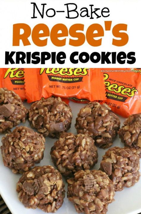 These No-Bake Krispie Reese's Cookies are the BOMB! Everyone will rave about these and they are SO easy to make! My boys are convinced that this is the best cookie recipe ever.....It's so hard to eat just one! Banana Bread Cake Pops, Chocolate Rice Krispies Treats, Reese's Cookies, Best Cookie Recipe Ever, Reeses Cookies, Best No Bake Cookies, Cookies Best, Chocolate Rice Krispies, Brownies Cake