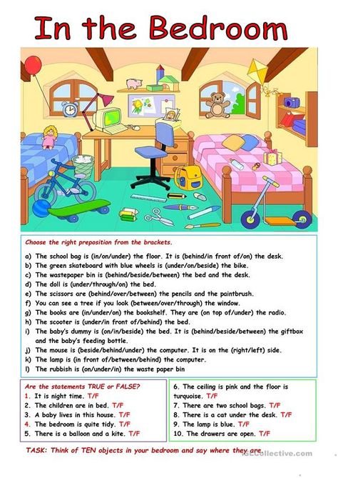 In the bedroom - English ESL Worksheets for distance learning and physical classrooms Proposition Worksheet For Kids, Worksheets For Kids English Activities, Bedroom Worksheet, Esl Worksheets For Kids, Esl Activities For Kids, Bedroom Activities, Preposition Activities, Preposition Worksheets, English Activities For Kids