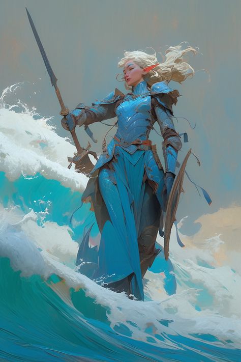 Ocean Themed Dnd Character, Sea Elf Paladin, Ocean Knight, Mermaid Knight, Oath Of The Open Sea Paladin, Sea Elves Dnd, Sea Elf Dnd, Sea Queen, Female Elf