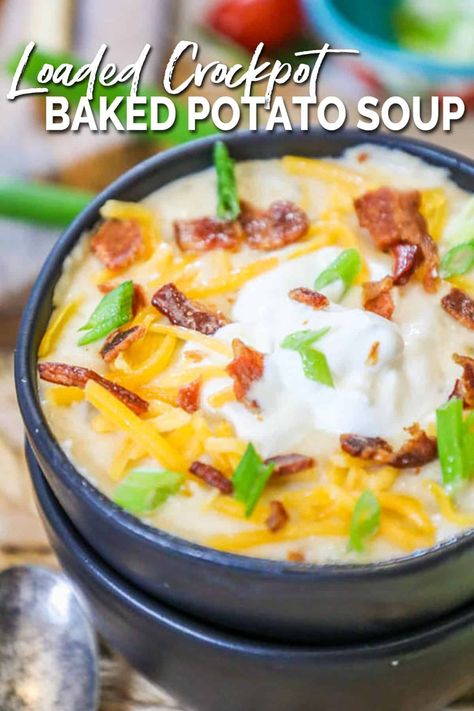 This loaded baked potato soup is made in the crockpot and THE BEST soup for cold weather! It is an easy slow cooker recipe for soup that is filling and delicious! Loaded with baked potatoes, broth, cheese, bacon, sour cream and chives, you get all the flavor of a loaded baked potato in this cozy soup recipe. It is the perfect fall or winter soup recipe but also great for football food that feeds a crowd. Make for a weeknight recipe, or set the crockpot potato soup up as a bar w all the toppings! Crockpot Loaded Baked Potato, Crockpot Loaded Potato Soup, Baked Potato Soup Crock Pot, Recipe For Soup, September Meals, Loaded Baked Potato Soup Recipe, Crockpot Potato Soup, Crockpot Potato, Fun Meals