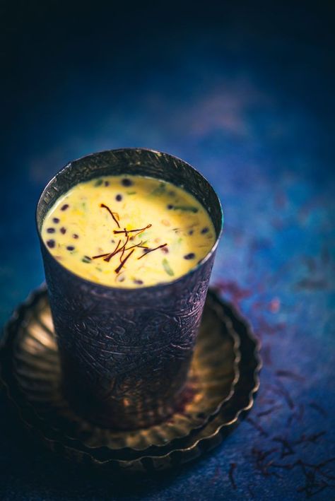 Zaffrani Mewa Doodh as the name mentions, is a warm, thickened milk based drink which is infused with the flavours of saffron, enriched with dry fruits. #Drink #Beverage #Indian Saffron Milk, Saffron Recipes, Indian Drinks, Golden Milk, Dry Fruits, Indian Desserts, Indian Sweets, Chocolate Drinks, Drinks Alcohol Recipes