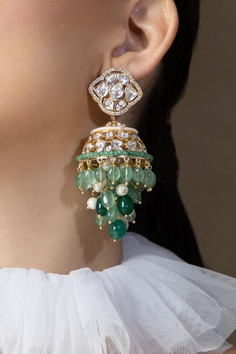 22Kt gold plated jhumka earrings adorned with hydro polkis, strawberry quartz, pearls, green agate beads and kundan embellishments. Type: Hydro Polkis, Strawberry Quartz, Pearls, Green Agate Beads And Kundan Composition: Brass Color: Multi Color Other Details:   Dimensions L x W x H (in cm): 8.5 x 4 x 1 Weight (in gms): 100 - Aza Fashions Green Jhumka, Jadau Jwellery, Clothes Painting, Jewelry Room, Hand Jewelry Rings, Bridal Jewelry Sets Brides, Jewelry Traditional, Simple Jewellery, New Gold Jewellery Designs