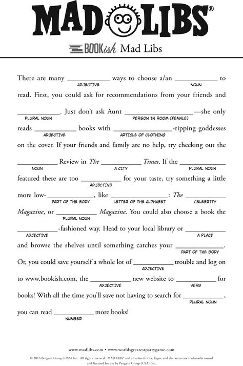 Bookish Mad Libs  http://www.bookish.com/articles/free-mad-libs-for-kids Free Mad Libs, Mad Libs For Adults, Funny Mad Libs, Baby Shower Mad Libs, Ad Libs, Nouns And Adjectives, Mad Libs, Games For Teens, Grammar Worksheets