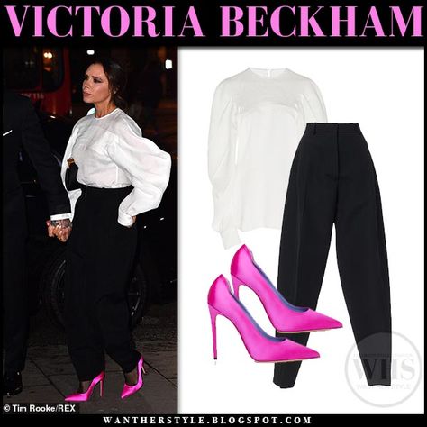 Victoria Beckham wearing bright satin pink pumps, white blouse and black trousers #fashion #style #gala #nightout #elegant #simple #chic #outfit #look #celebrity Pink Pumps Outfit Classy, Pink Pump Outfits, Satin Heels Outfit, Pink Pumps Outfit, Pump Outfits, Pink Heels Outfit, Pumps Outfit, Beckham Style, Book Fashion