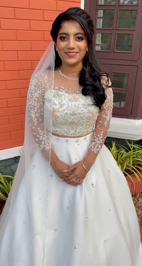 White Bridal Lehenga Christian, Christian Bridal Lehenga, Christian Bridal Gown, Wedding Frock Designs, Simple Lehenga Designs, Christian Wedding Dress, Simple Selfie, Selfie Booth, Christian Wedding Gowns