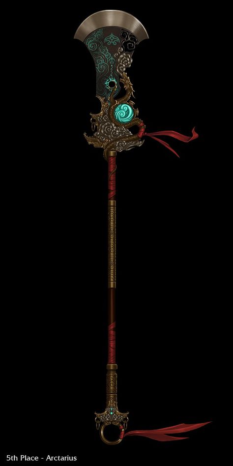 Announcing the Winners of the 2017 Design-a-Weapon Contest | GuildWars2.com Fantasy Glaive Concept Art, Cool Bo Staff Designs, Glaive Fantasy Art, Polearm Designs Art, Polearms Design, Magic Glaive, Glaive Design, Fantasy Spear Concept Design, Glaive Dnd