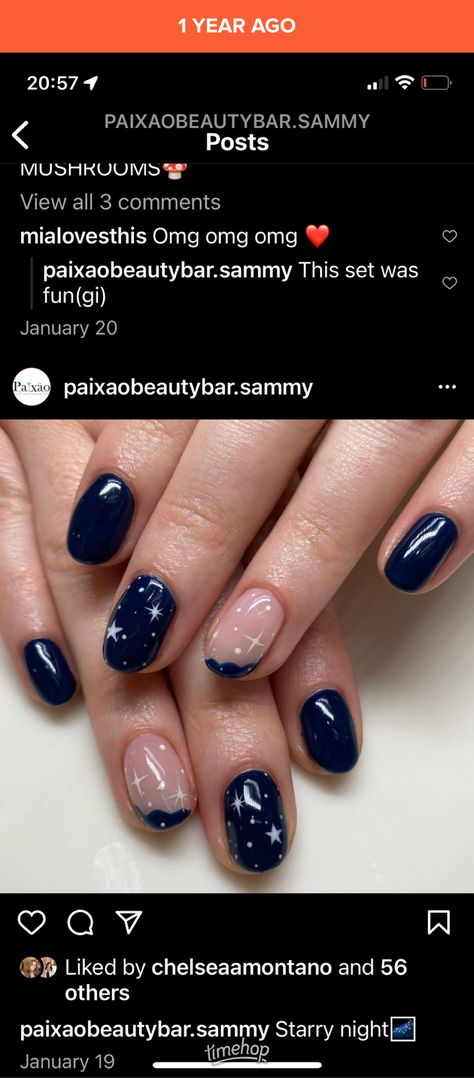 Short Constellation Nails, Dark Blue Nails Halloween, Starry Nails Short, Navy New Years Nails, Starry Night Acrylic Nails, Taylor Swift Midnights Nail Ideas, Midnights Taylor Swift Aesthetic Nails, Starry Night Prom Nails, Dark Navy Blue Nails With Glitter