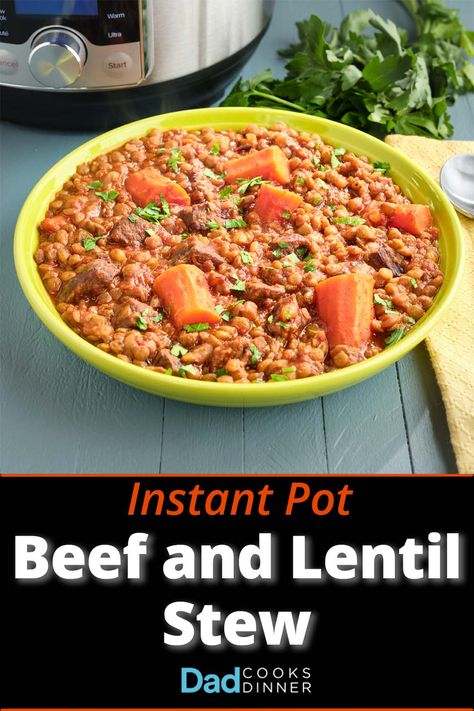 Instant Pot Beef and Lentil Stew, hearty lentils with tender pieces of beef chuck, ready in about an hour, thanks to pressure cooking. #InstantPot #InstantPotRecipe #PressureCooker #PressureCookerRecipe @InstantPotOfficial Beef And Lentil Stew Instant Pot, Beef And Lentil Stew, Instapot Beef Stew, Beef And Lentil, Lentil And Bacon Soup, Potted Beef, Healthy Instant Pot Recipes, Lentil Stew, Beef Chuck