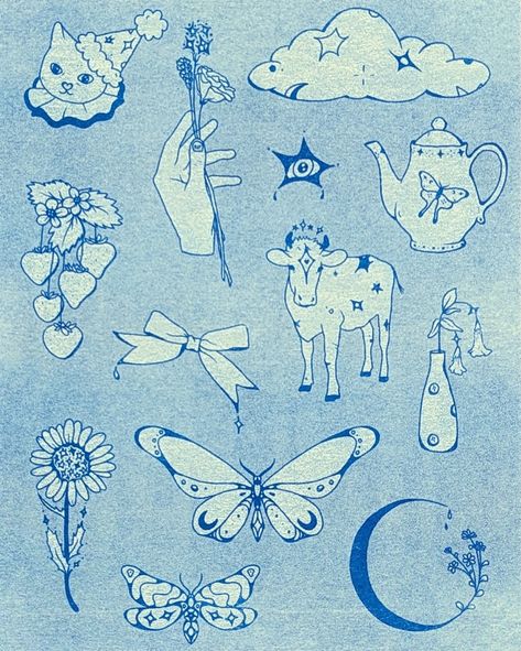 8in by 10 in riso print in blue of a tattoo flash sheet by lemon.droop depicting a jester cat, starry cow, butterflies, a moon and more Bert Krak Flash, Flash Sheet Tattoo Ideas, Tattoo Flash Sheet Ideas, The Fool Tattoo, Starry Tattoo, Fool Tattoo, Cat Flash Tattoo, Tattoo Flash Ideas, Vintage Flash Tattoo