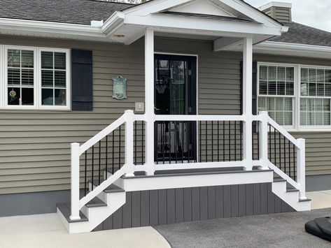 Front Entry Deck Ideas, Deck In Front Of House, Outside Stairs Ideas, Entry Stairs Exterior, Deck Stairs To Patio, Update Front Porch, Mobile Home Stairs, Front Porch Stairs, Installing Exterior Door