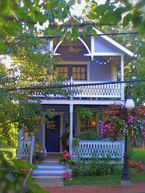 Periwinkle House, Two Story Cottage, Cottage Porch, Cute Little Houses, Little Cottages, Primitive Homes, Purple Home, My Space, Garden Cottage