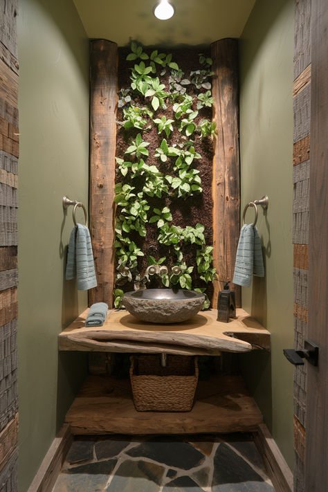 51 Astonishing Powder Room Ideas Powder Room Wood Accent Wall, Powder Room Ideas, Floating Sink, Wood Accent Wall, Redwood Tree, Powder Rooms, Wood Accent, Neutral Color Scheme, Half Baths