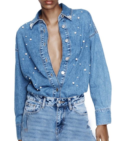 PRICES MAY VARY. Material: This shinny denim shacket jacket is crafted from a high quality fabric blend of cotton, polyester, it offers a soft and breathable feel, ensuring all day comfort while maintaining a stylish appearance Features: This women's rhinestone denim shirt showcases long sleeves with button cuffs, a boyfriend style fit, a lapel collar, pearl embroidered,shinny rhinestone and a casual y2k design Match: This jean jacket pairs perfectly with various bottoms such as jeans, shorts, l Womens Chambray Shirt, Denim And Pearls, Pearl Beading, Rhinestone Shirts, Denim And Diamonds, Camisa Jeans, Long Sleeve Denim Shirt, Romper And Jacket, Beaded Collar