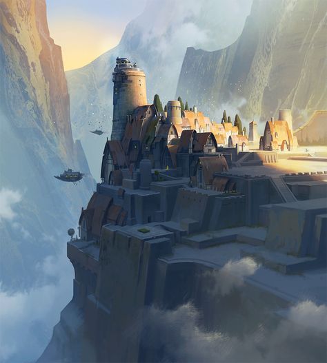 ArtStation - cliff town, Ast Ralf Pixiv Fantasia, Fantasy Town, Landscape Concept, Fantasy City, Fantasy Castle, Fantasy Setting, Fantasy Places, Fantasy Art Landscapes, Arte Fantasy