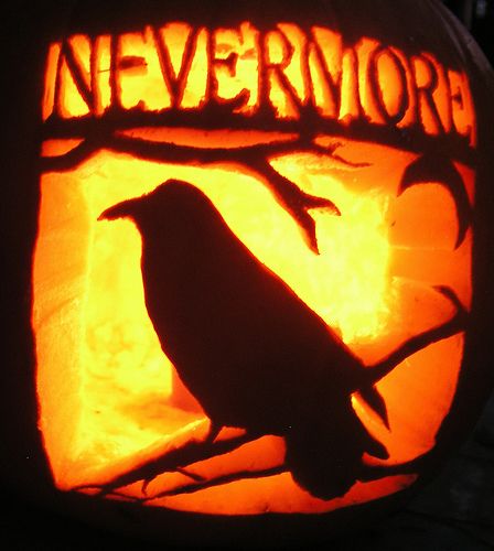 Poe’s Raven   ---   Literary Pumpkins For A Bookish Halloween Pumpkin Carve, Pumpkin Song, Raven Nevermore, Halloween Pumpkin Stencils, Pumkin Carving, Pumpkin Carving Party, Amazing Pumpkin Carving, Witch Cottage, Edgar Allen