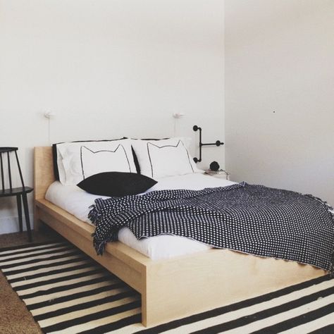 Ralphie's room. Malm bed in this finish with black and white striped rug from… Ikea Malm Bed, Malm Bed, Ikea Malm, Apartment Life, Cat Pillow, Guest Bed, Make Your Bed, Spare Room, House Room