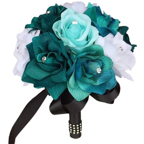 Wedding Bouquets Teal, Teal Wedding Flowers, Black Rose Bouquet, Prom Flowers Bouquet, Rhinestone Bouquet, Homecoming Flowers, Prom Bouquet, Wedding October, Aqua Rose