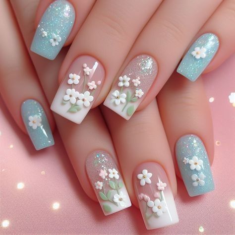 Floral Bliss: The Most Captivating Nail Art Trend - INSPIRATIONAL DESIGN Snowflake Nail Design, Mint Green Nails, Pink Nail Art Designs, Simple Spring Nails, Green Acrylic Nails, Green Nail Art, Green Nail Designs, Floral Nail Designs, Pink Nail Art