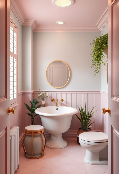 Transform your bathroom into a calming oasis with soft pastel paint colors. Perfect for a peaceful, spa-like vibe! #BathroomColors #PastelDecor #BathroomInspo Colors To Paint Bathroom, Bright Pink Bathroom, Soft Pink Bathroom, Dusty Pink Bathroom, Pastel Bathroom Ideas, Pastel Pink Bathroom, Blush Paint Colors, Pink And Green Bathroom, Maroon Bathroom