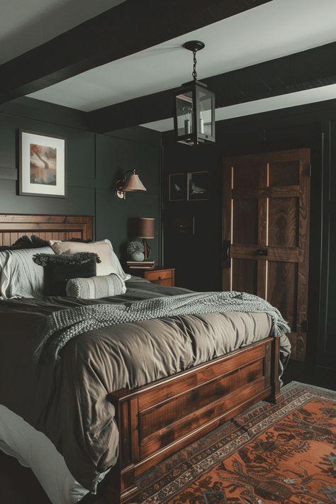 dark rich farmhouse bedroom Moody Farmhouse Bedroom, Mountain Home Bedroom, Modern Country Bedrooms, Dark Wood Bedroom Furniture, Moody Lighting, Dark Bedroom Furniture, Rustic Farmhouse Bedroom, Distressed Wood Furniture, Farmhouse Bedrooms