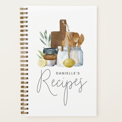 Watercolor Kitchen Supplies Personalized Notebook Zazzle Book Cover Page Ideas, Recipe Book Cover Design, Cooking Watercolor, Recipe Book Cover, Watercolor Kitchen, Recipe Book Covers, Recipe Notebook, Book Cover Page, Recipe Book Templates