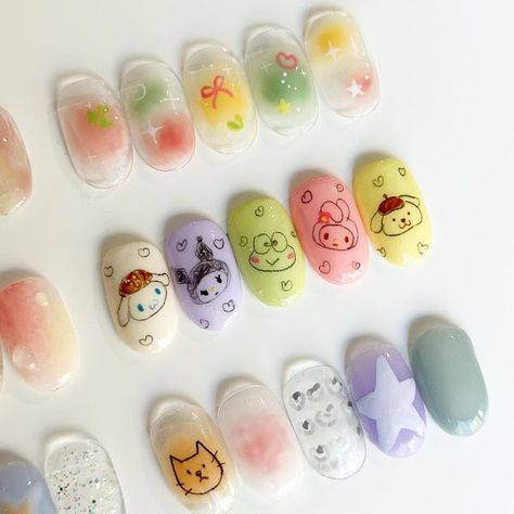 sanrio press on nails !!!! CUTE Cute Sanrio Nails Short, Kerropi Nail Designs, Sanrio Nail Stickers, Sanrio Nail Art Simple, Easy Sanrio Nails, Cute Short Press On Nails, Cute Press On Nails Short, Sanrio Short Nails, Sanrio Press On Nails