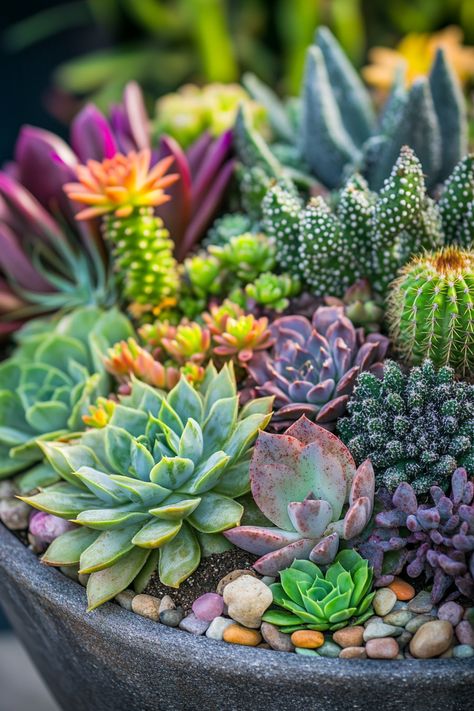 Explore the beauty of colorful succulents and cacti! These vibrant plants thrive in well-draining soil. #SucculentCare #CactiLove Desert Succulents, Succulents In Pots, Arizona Decor, Succulent Ideas, Succulent Display, Garden Inspo, Succulent Centerpieces, Colorful Succulents, Succulents In Containers