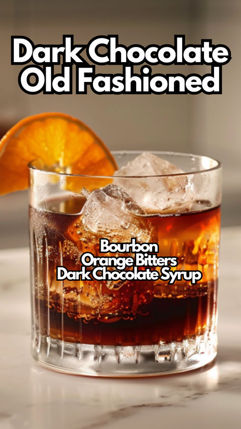 Nothing beats the rich blend of bourbon and dark chocolate. The orange bitters add a perfect hint of citrus, complementing the sweet, velvety taste of the chocolate. This Dark Chocolate Old Fashioned is smooth and delicious, making it an ideal choice for a relaxing evening. #darkchocolateoldfashioned via @mybartender Dark Liquor Cocktails, Chocolate Old Fashioned Cocktail, Chocolate Bitters Cocktail, Chocolate Old Fashioned, Old Fashion Drink Recipe, Bourbon Drinks Recipes, Whiskey Drinks Recipes, Bourbon Recipes, Orange Bitters