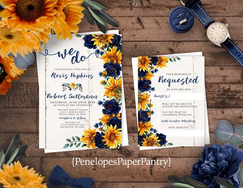 Sunflower Fall Wedding, Navy Blue Roses, Rustic Sunflower Wedding, Middle Names, Sunflower Wedding Invitations, Invitation Envelope, Custom Matches, Fall Wedding Invitations, Sunflower Wedding