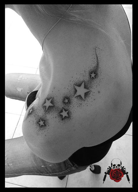 Star Shading Tattoo, Star Shower Tattoo, Star Dotwork Tattoo, Shaded Stars Tattoo, Sister Tattoos Sunflower, Small Dotwork Tattoo, Star Tattoos For Women, Star Sleeve Tattoo, Star Foot Tattoos