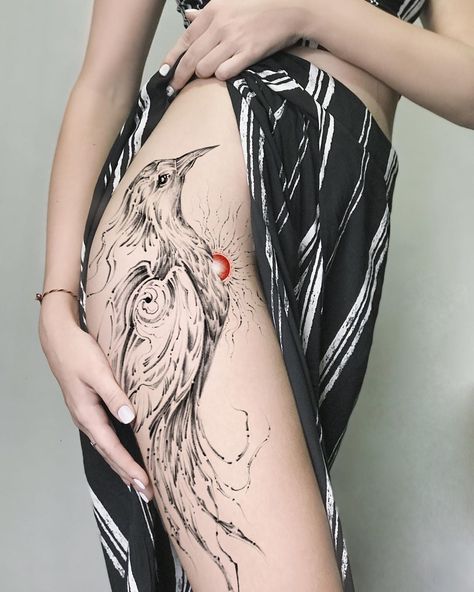 Bird Tattoo On Hip, Bird Hip Tattoo, Wand Tattoo, Crow Tattoo, Full Body Tattoo, 1 Tattoo, Hip Tattoo, Birds Tattoo, Thigh Tattoo