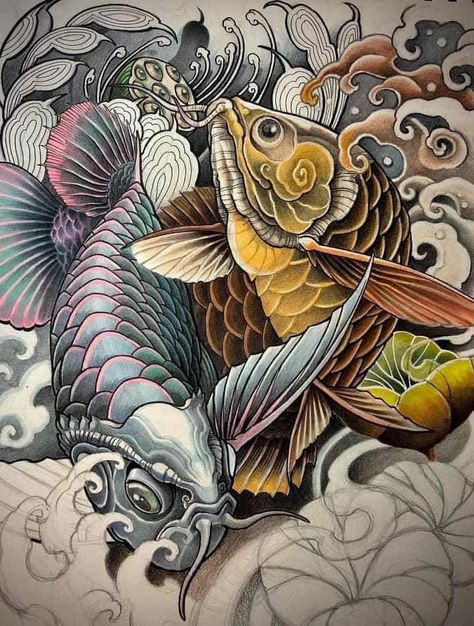 Snake And Koi Fish Tattoo, Arowana Tattoo Design, Arowana Fish Tattoo, Arowana Tattoo, Kio Fish Tattoo, Octopus Tattoo Sleeve, Koi Tattoo Sleeve, Japanese Snake Tattoo, Tattoo Japanese Style