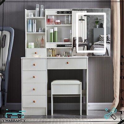 Top Seller for 5 Drawers Vanity Set with LED Lighted Mirror Makeup Table Cabinet Stool Dresser, Home Furniture Bedroom Vanity Desk, Bedroom Vanity Table, White Vanity Desk, Modern Vanity Table, White Makeup Vanity, Vanity Makeup Table, Furniture Dressing Table, Sliding Mirror, Dresser Table