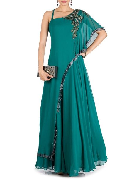 Teal One Side #Cape Flare #Gown - #Wedding Saga Cocktail Dress Classy Evening Idian, Cheap Festive Dresses With Zari Work, Cheap Semi-stitched Festive Blouse Piece, Budget Indian Cocktail Dress, Saree One Piece Dress Pattern, Velvet Saree Blouse, Side Cape, Bridesmaids Lehenga, Velvet Lehenga Choli