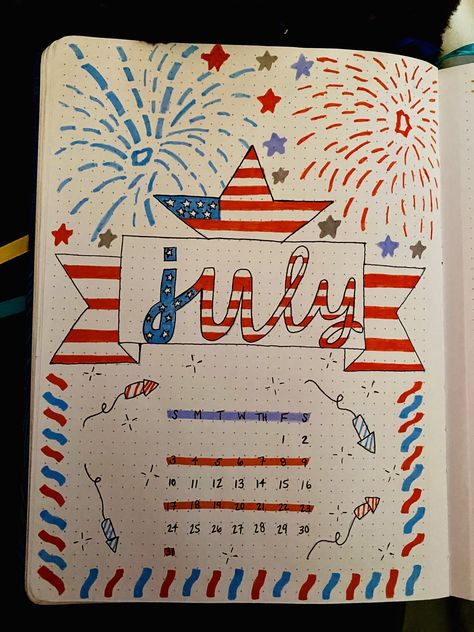 Bullet Journal Cover Page For July! July Bullet Journal Cover, July Bullet Journal, Blue Calendar, Journal Cover Page, Bullet Journal Cover, July Calendar, Journal Therapy, Bullet Journal Cover Page, Calendar Ideas