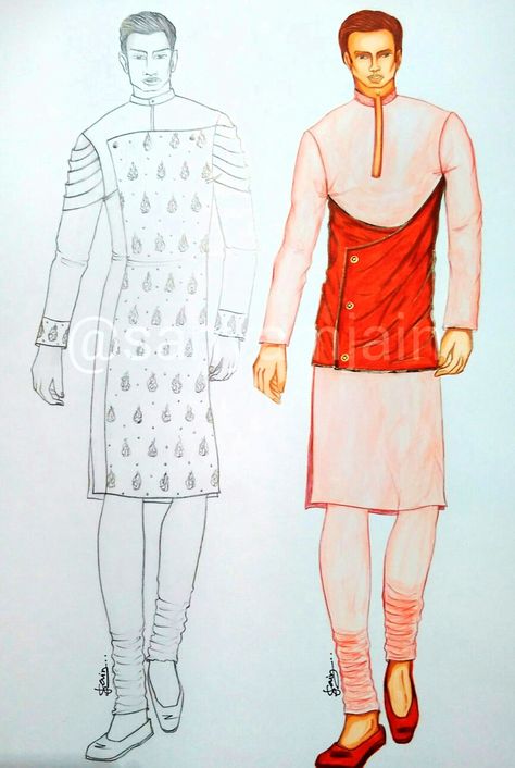 Men's ethnic wear Fashion Illustrations designed by Sanyam Jain Mens Wear Sketches Fashion Illustrations, Mens Kurta Illustration Sketch, Mens Fashion Illustration Indian, Western Outfits Illustration, Casual Wear Sketches, Mens Wear Illustration, Female Croqui, Outfits Illustration, Menswear Illustration