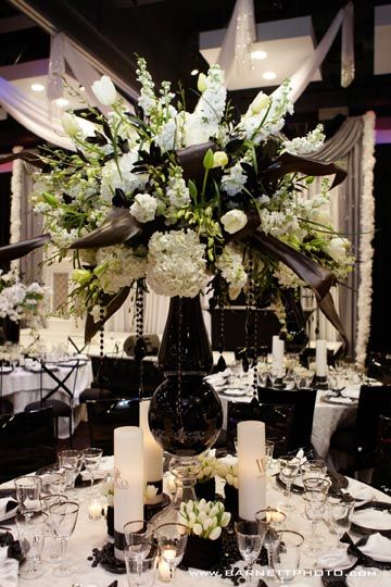 White Black reception wedding flowers,  wedding decor, wedding flower centerpiece, wedding flower arrangement, add pic source on comment and we will update it. www.myfloweraffair.com can create this beautiful wedding flower look. White And Green Flower Arrangements, Green Flower Arrangements, White Wedding Flowers Centerpieces, Flowers Centerpieces, Diy Backyard Wedding, Peacock Wedding Theme, White Flower Arrangements, Wedding Reception Flowers, Winter Wedding Invitations