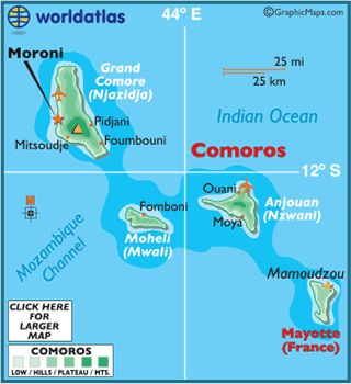 Comoros Map / Geography of Comoros / Map of Comoros - Worldatlas.com Comoros Flag, Comoros Islands, World Atlas, Physical Map, Island Map, Africa Map, Archipelago, Countries Of The World, Indian Ocean