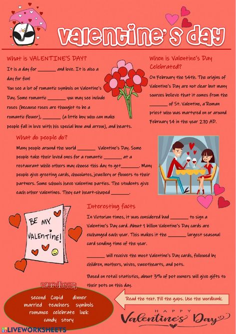 St. Valentine's Day interactive and downloadable worksheet. You can do the exercises online or download the worksheet as pdf. Valentines Day Worksheets, What Is Valentines Day, When Is Valentines Day, Valentine Worksheets, Summer Vocabulary, Valentine Day Video, St Valentines Day, Valentines Day History, Valentine History