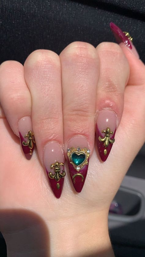 Gold charm stilleto acrylic nails burgundy french tip Nails With Gold Charms, Burgundy And Gold Nails, Dance Nails, Pink Chrome Nails, Maroon Nails, Pink Chrome, Burgundy Nails, Chrome Nails, Gold Nails