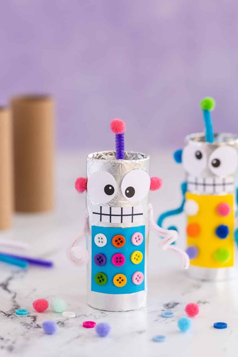 Robot Toilet Paper Roll Craft Ninja Toilet Paper Roll Craft, Preschool Toilet Paper Roll Activities, Toilet Paper Roll Windsock, Tin Foil Robot Craft, Robots Arts And Crafts, Stem With Toilet Paper Rolls, Recycled Monster Project, Robot Toilet Paper Roll Craft, Craft Robot Ideas