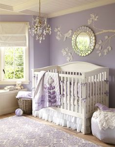 Classically styled lavender baby room Lavender Walls, White Crib, Girl Nursery Room, Baby Bedroom, Baby's Room, Nursery Inspiration, Baby Decor