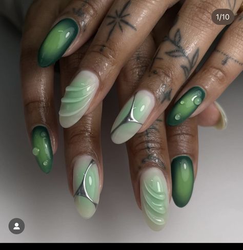 Green Summer Nails 2024, Gel X Summer Nails, Aura Nails Green, Ombre Nails Green, Water Drop Nails, Green Aura Nails, Drop Nails, Oval Nail Designs, Nail Sculpture